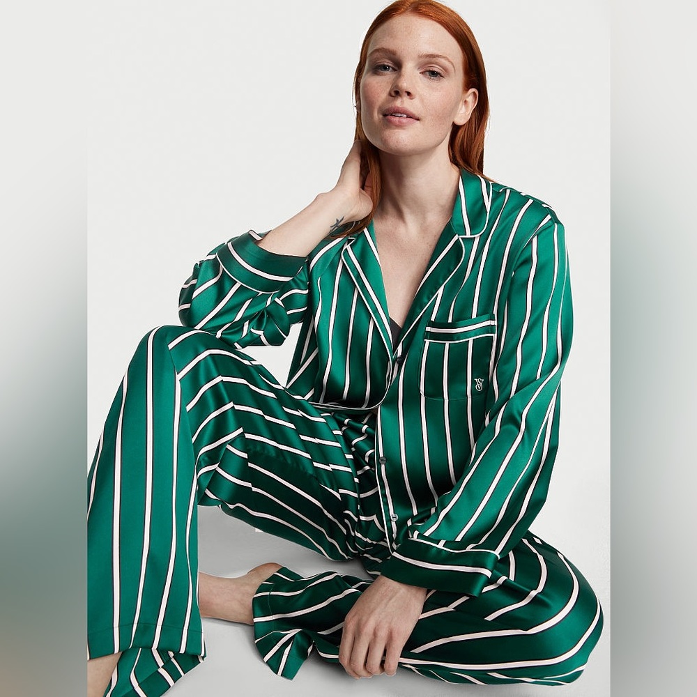 Victoria’s Secret Satin Pajama Set Green and Pink Stripes - Size L NWT